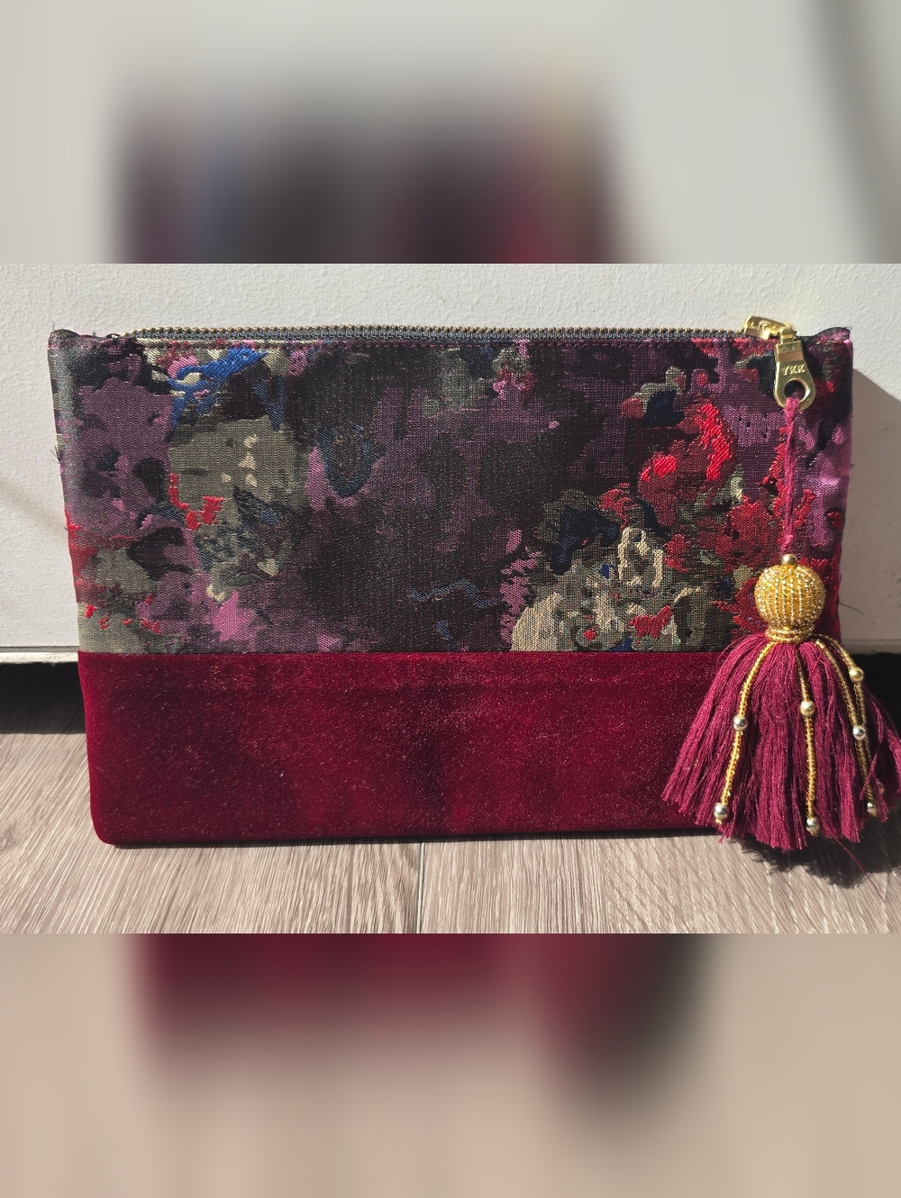 Burgundy Velvet Evening Clutch Bag Brocade Gold Tassel Holiday Wedding Purse